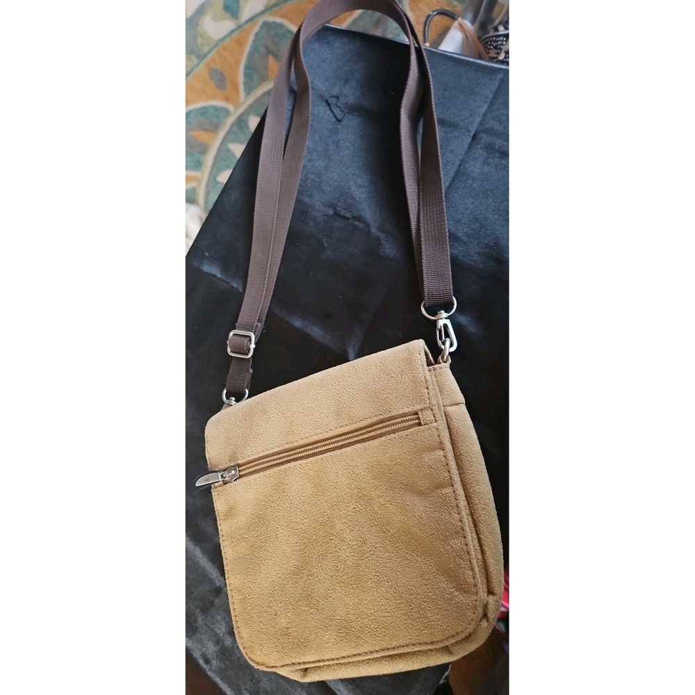 Travelon Cross Body Sling Bag Purse Crossbody Handbag Tan Faux Suede Mirror - Picture 2 of 7